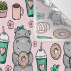 Cute Little Hippo, Hippopotamus, Donuts and Coffee, Pink Print For Girls, Little Girls, Tween Girls Wall Tapestry Gallery Image 3