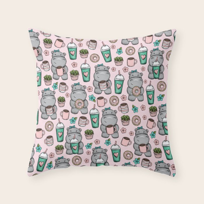 Cute Little Hippo, Hippopotamus, Donuts and Coffee, Pink Print For Girls, Little Girls, Tween Girls Throw Pillow Gallery Image 6