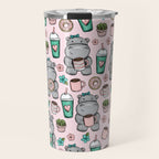 Cute Little Hippo, Hippopotamus, Donuts and Coffee, Pink Print For Girls, Little Girls, Tween Girls Travel Mug Gallery Image 1