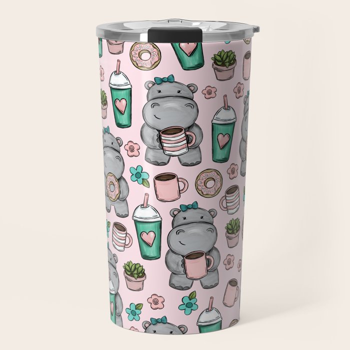 Cute Little Hippo, Hippopotamus, Donuts and Coffee, Pink Print For Girls, Little Girls, Tween Girls Travel Mug Gallery Image 1