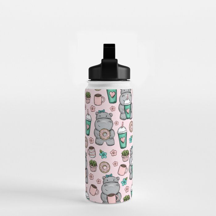 Cute Little Hippo, Hippopotamus, Donuts and Coffee, Pink Print For Girls, Little Girls, Tween Girls Water Bottle Gallery Image 2