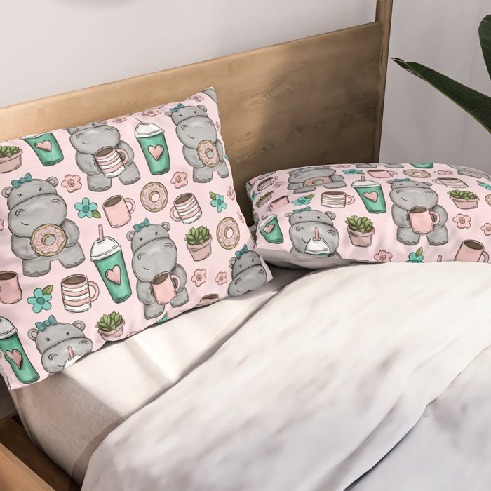 Cute Little Hippo, Hippopotamus, Donuts and Coffee, Pink Print For Girls, Little Girls, Tween Girls Pillow Sham Gallery Image 2