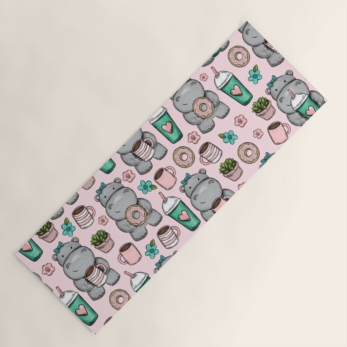 Cute Little Hippo, Hippopotamus, Donuts and Coffee, Pink Print For Girls, Little Girls, Tween Girls Yoga Mat Gallery Image 1