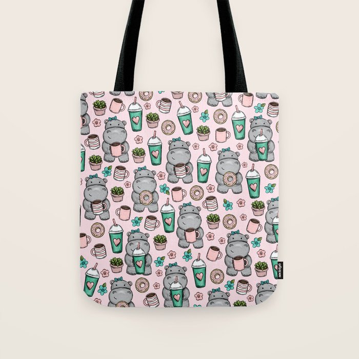 Cute Little Hippo, Hippopotamus, Donuts and Coffee, Pink Print For Girls, Little Girls, Tween Girls Tote Bag Gallery Image 1