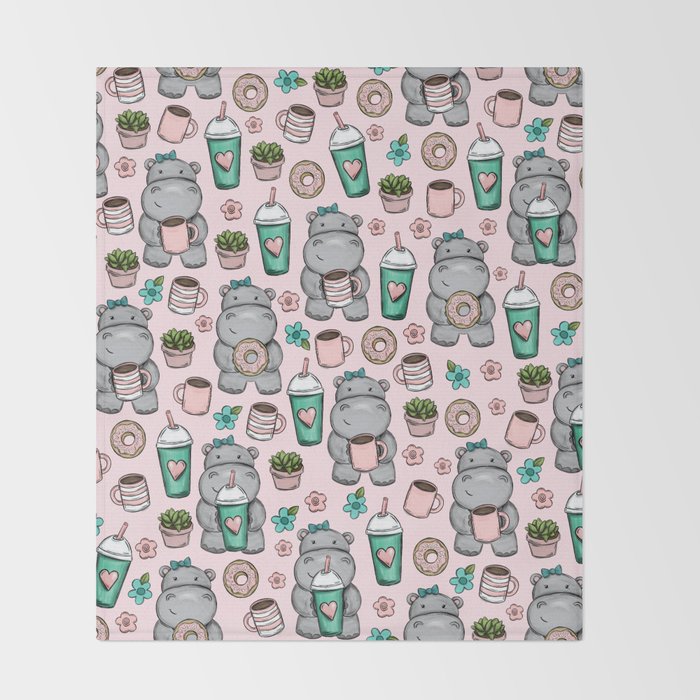 Cute Little Hippo, Hippopotamus, Donuts and Coffee, Pink Print For Girls, Little Girls, Tween Girls Throw Blanket Gallery Image 2