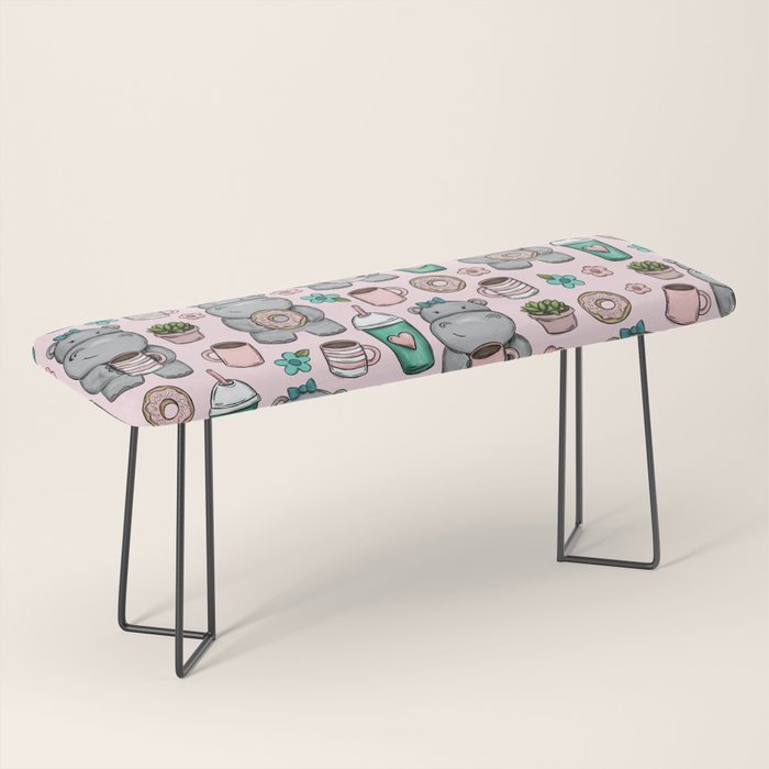Cute Little Hippo, Hippopotamus, Donuts and Coffee, Pink Print For Girls, Little Girls, Tween Girls Bench Gallery Image 1