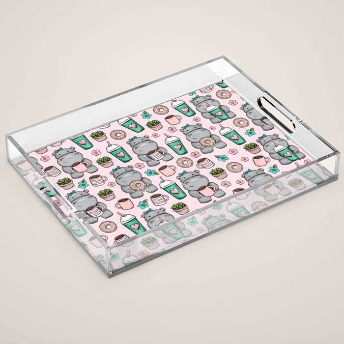 Cute Little Hippo, Hippopotamus, Donuts and Coffee, Pink Print For Girls, Little Girls, Tween Girls Acrylic Tray Gallery Image 1