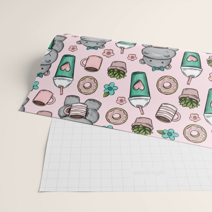 Cute Little Hippo, Hippopotamus, Donuts and Coffee, Pink Print For Girls, Little Girls, Tween Girls Wrapping Paper Gallery Image 2