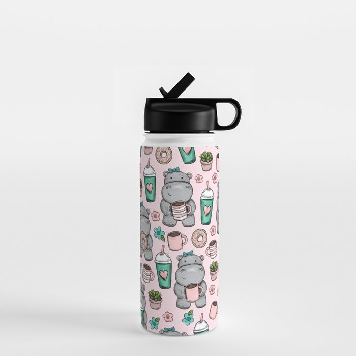 Cute Little Hippo, Hippopotamus, Donuts and Coffee, Pink Print For Girls, Little Girls, Tween Girls Water Bottle Gallery Image 1