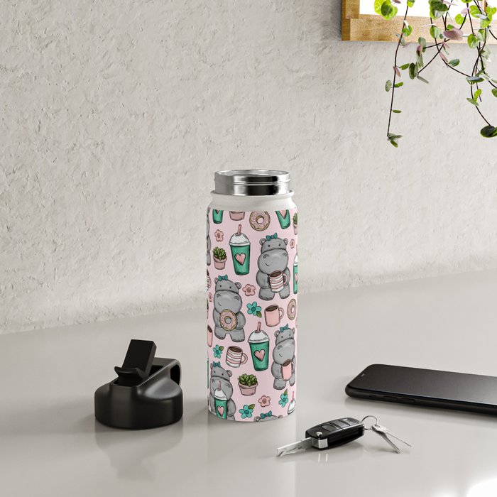 Cute Little Hippo, Hippopotamus, Donuts and Coffee, Pink Print For Girls, Little Girls, Tween Girls Water Bottle Gallery Image 4