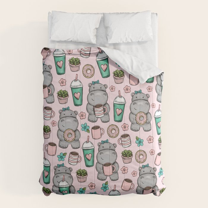 Cute Little Hippo, Hippopotamus, Donuts and Coffee, Pink Print For Girls, Little Girls, Tween Girls Comforter Gallery Image 6