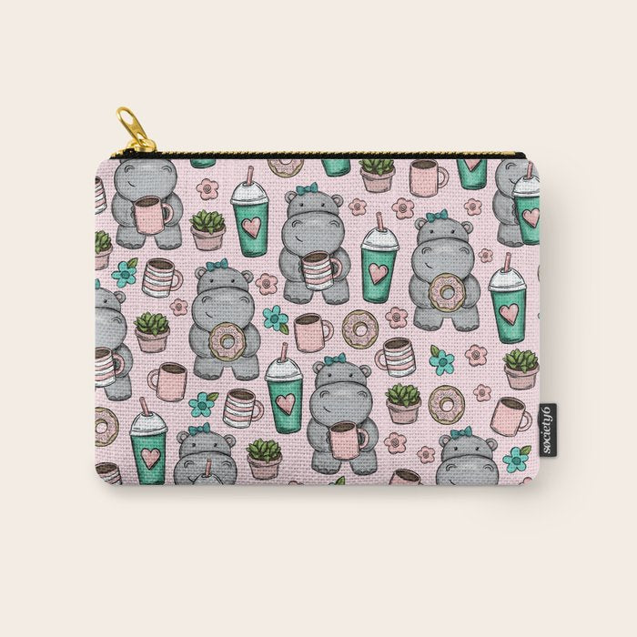 Cute Little Hippo, Hippopotamus, Donuts and Coffee, Pink Print For Girls, Little Girls, Tween Girls Carry All Pouch Gallery Image 1