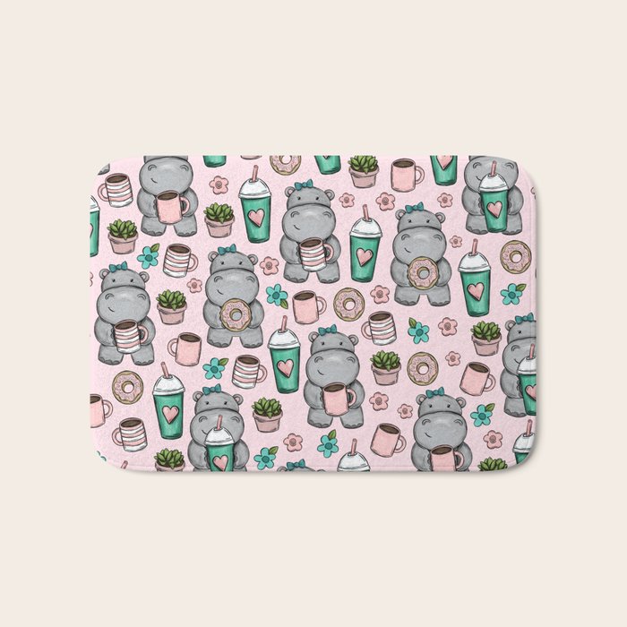 Cute Little Hippo, Hippopotamus, Donuts and Coffee, Pink Print For Girls, Little Girls, Tween Girls Bath Mat Gallery Image 1