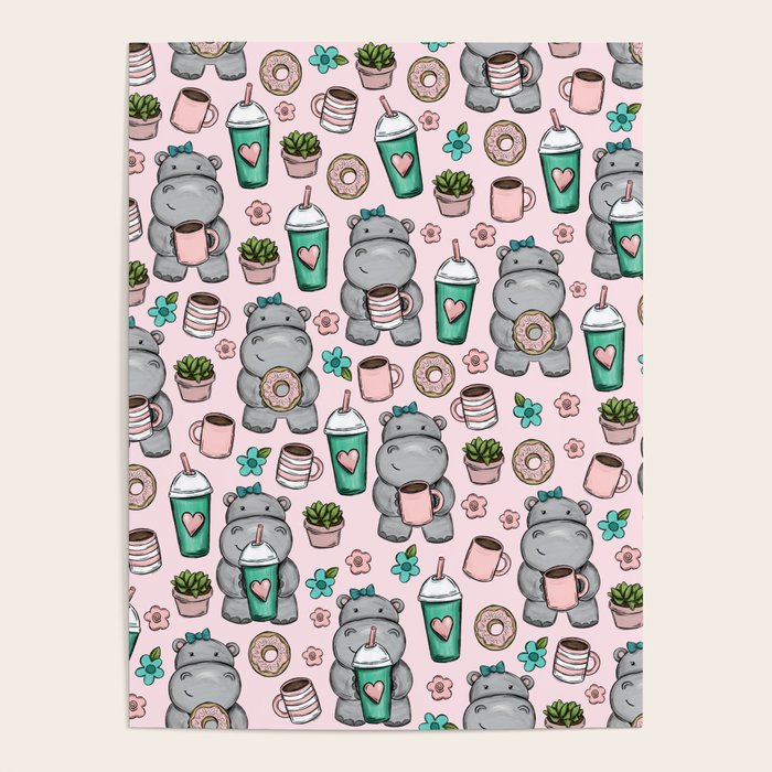 Cute Little Hippo, Hippopotamus, Donuts and Coffee, Pink Print For Girls, Little Girls, Tween Girls Poster Gallery Image 1