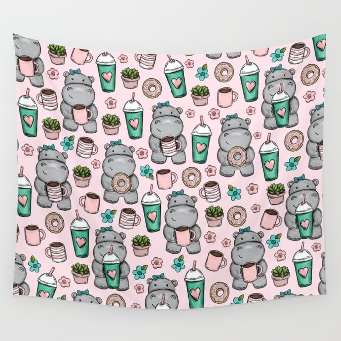 Cute Little Hippo, Hippopotamus, Donuts and Coffee, Pink Print For Girls, Little Girls, Tween Girls Wall Tapestry Gallery Image 1