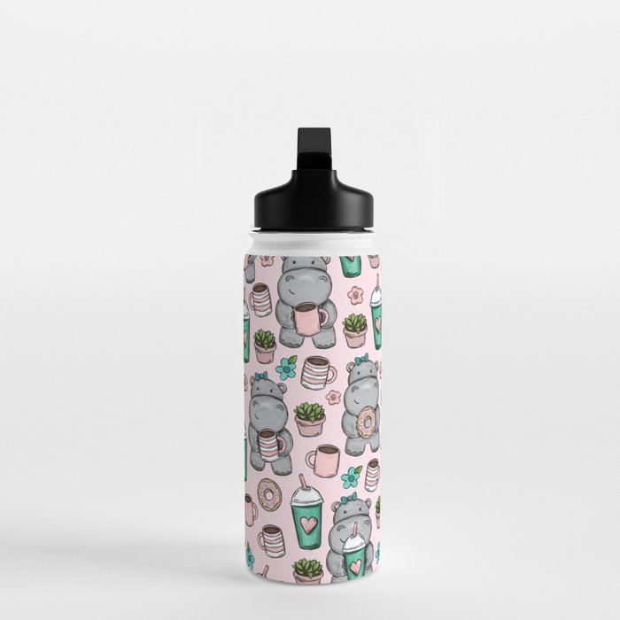 Cute Little Hippo, Hippopotamus, Donuts and Coffee, Pink Print For Girls, Little Girls, Tween Girls Water Bottle Gallery Image 3