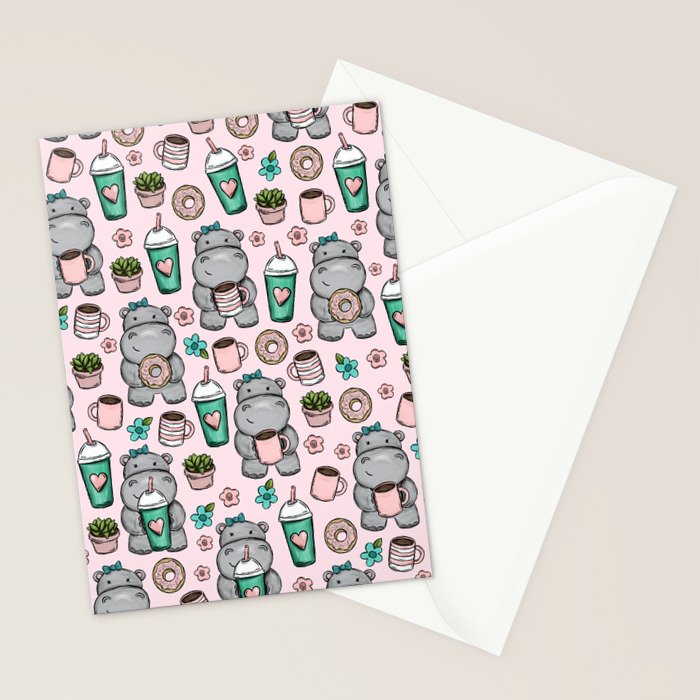 Cute Little Hippo, Hippopotamus, Donuts and Coffee, Pink Print For Girls, Little Girls, Tween Girls Stationery Card Gallery Image 2