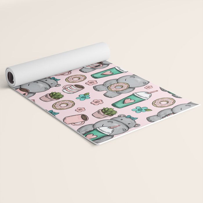 Cute Little Hippo, Hippopotamus, Donuts and Coffee, Pink Print For Girls, Little Girls, Tween Girls Yoga Mat Gallery Image 2