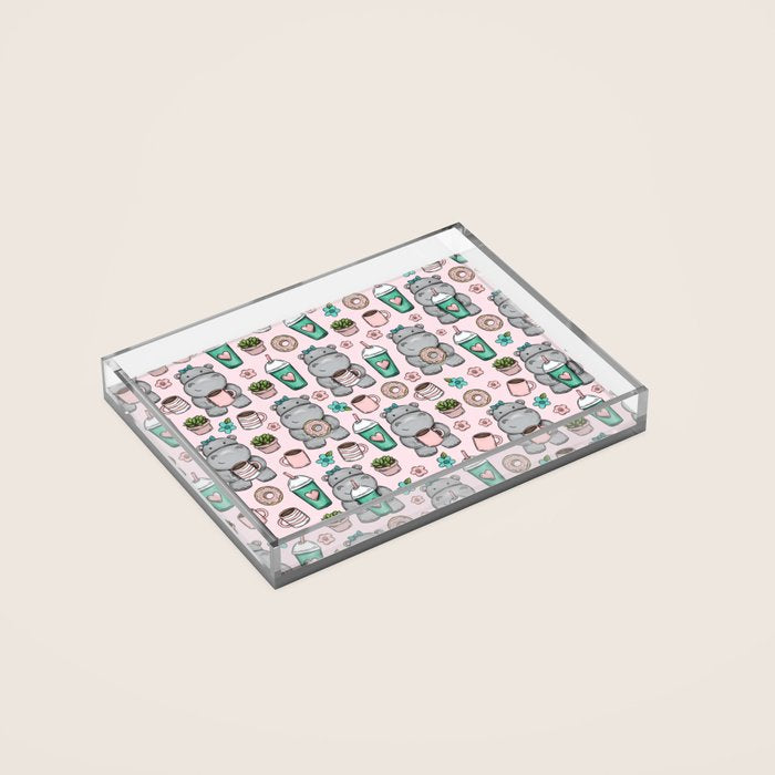 Cute Little Hippo, Hippopotamus, Donuts and Coffee, Pink Print For Girls, Little Girls, Tween Girls Acrylic Tray Gallery Image 2