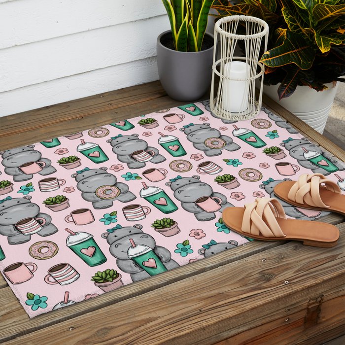 Cute Little Hippo, Hippopotamus, Donuts and Coffee, Pink Print For Girls, Little Girls, Tween Girls Outdoor Rug Gallery Image 2