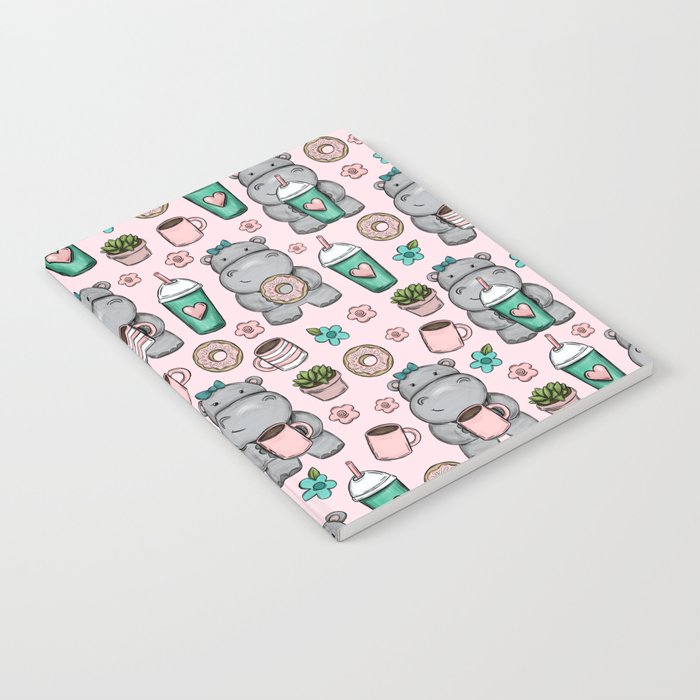 Cute Little Hippo, Hippopotamus, Donuts and Coffee, Pink Print For Girls, Little Girls, Tween Girls Notebook Gallery Image 2