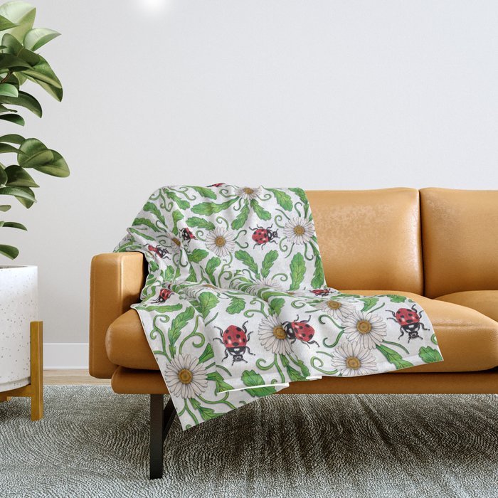 Ladybugs & Daisies - Cute Floral Bug Pattern with Ladybirds Throw Blanket Gallery Image 1