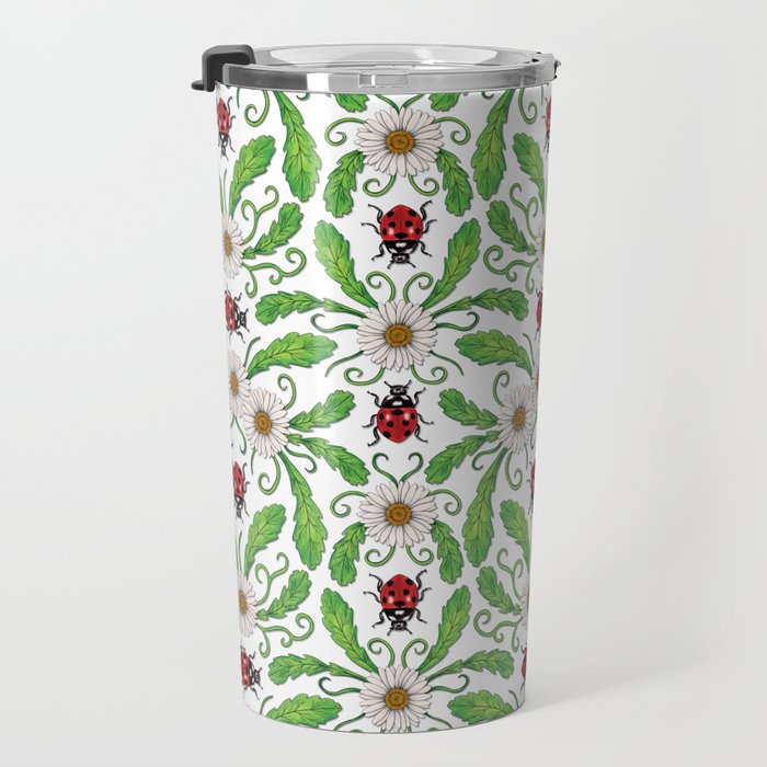 Ladybugs & Daisies - Cute Floral Bug Pattern with Ladybirds Travel Mug Gallery Image 3