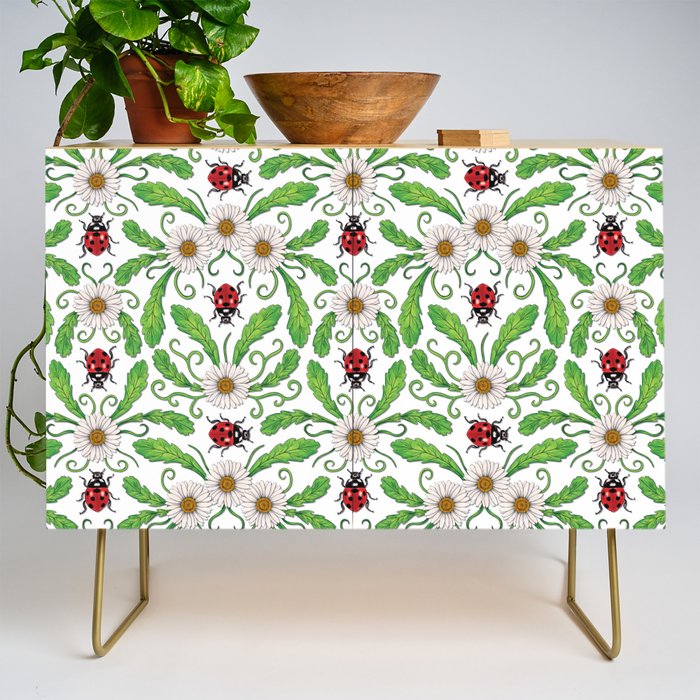 Ladybugs & Daisies - Cute Floral Bug Pattern with Ladybirds Credenza Gallery Image 1