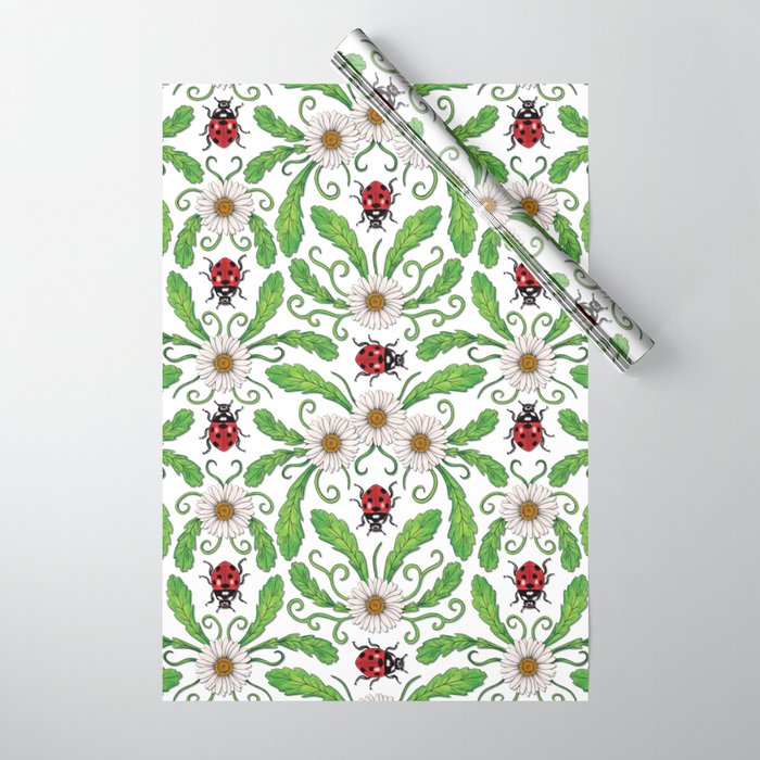 Ladybugs & Daisies - Cute Floral Bug Pattern with Ladybirds Wrapping Paper Gallery Image 1