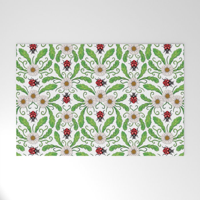 Ladybugs & Daisies - Cute Floral Bug Pattern with Ladybirds Welcome Mat Gallery Image 1