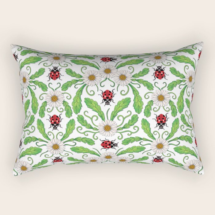 Ladybugs & Daisies - Cute Floral Bug Pattern with Ladybirds Rectangular Pillow Gallery Image 2