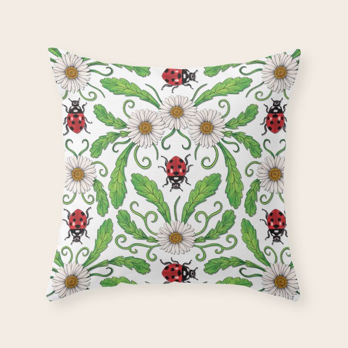 Ladybugs & Daisies - Cute Floral Bug Pattern with Ladybirds Throw Pillow Gallery Image 1