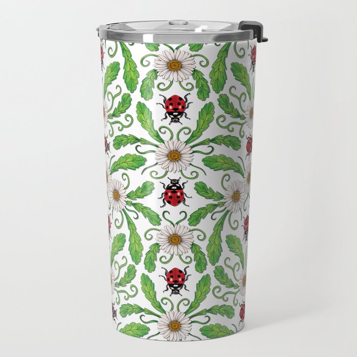 Ladybugs & Daisies - Cute Floral Bug Pattern with Ladybirds Travel Mug Gallery Image 2