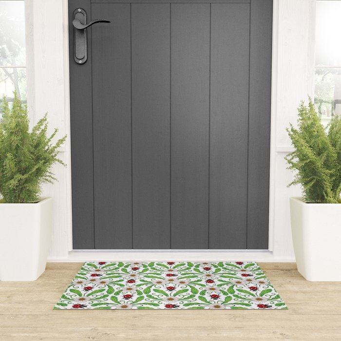 Ladybugs & Daisies - Cute Floral Bug Pattern with Ladybirds Welcome Mat Gallery Image 3