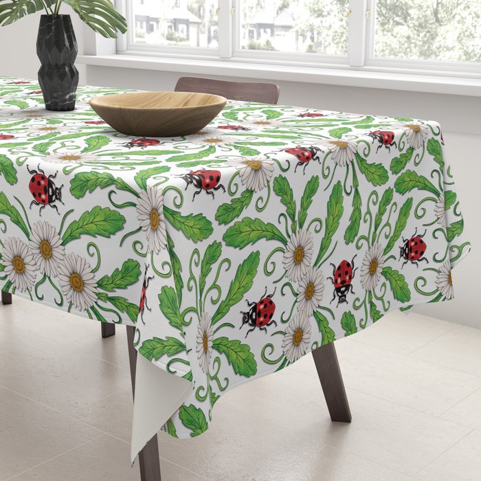 Ladybugs & Daisies - Cute Floral Bug Pattern with Ladybirds Tablecloth Gallery Image 3