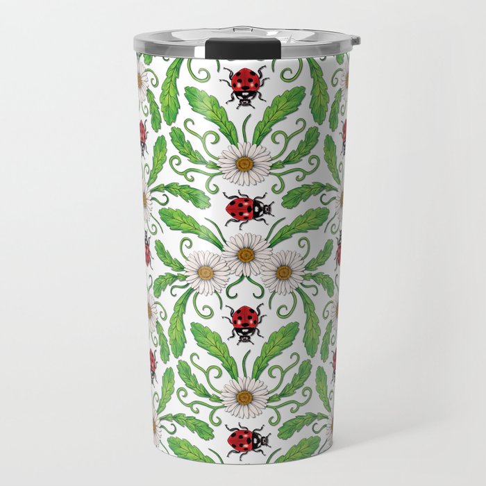 Ladybugs & Daisies - Cute Floral Bug Pattern with Ladybirds Travel Mug Gallery Image 1