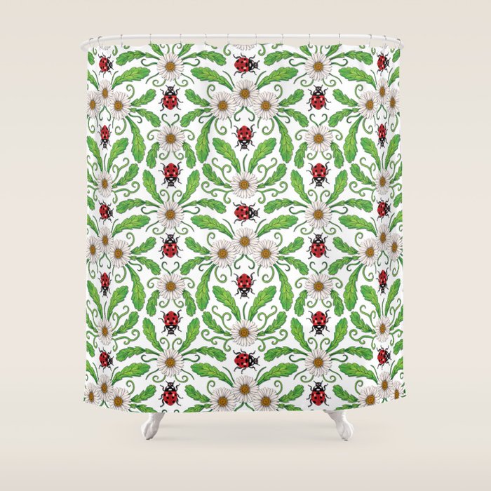 Ladybugs & Daisies - Cute Floral Bug Pattern with Ladybirds Shower Curtain Gallery Image 1