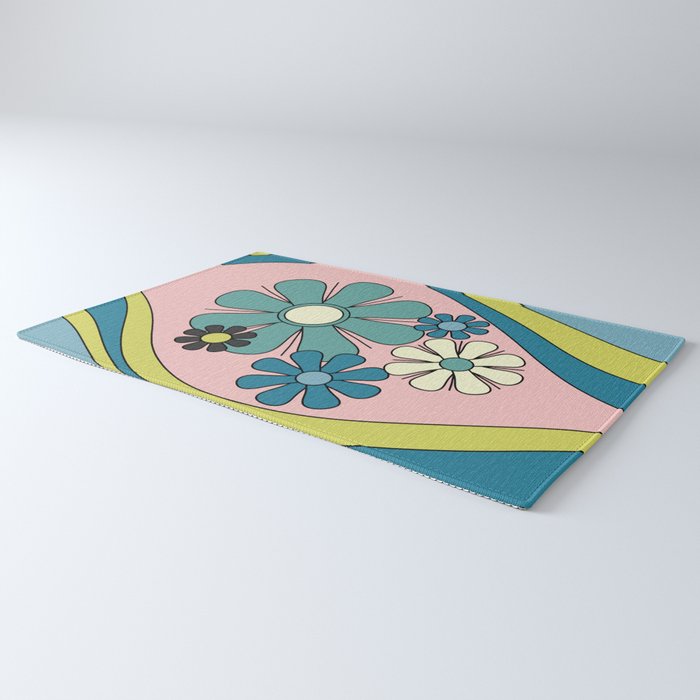 Groovy Floral Daydream Retro 60s 70s Flowers Blue Pink Chartreuse Rug Gallery Image 3