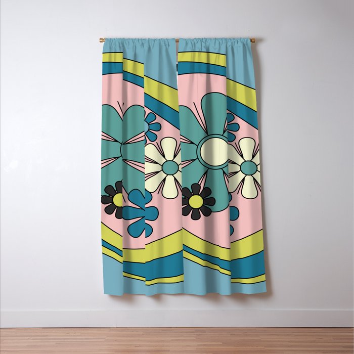 Groovy Floral Daydream Retro 60s 70s Flowers Blue Pink Chartreuse Window Curtain Gallery Image 3