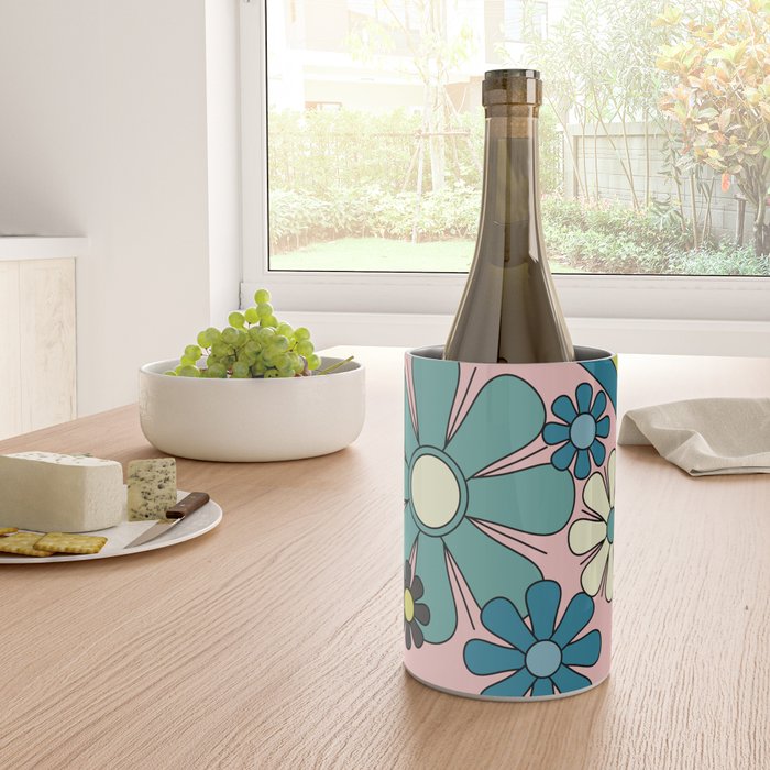 Groovy Floral Daydream Retro 60s 70s Flowers Blue Pink Chartreuse Wine Chiller Gallery Image 4