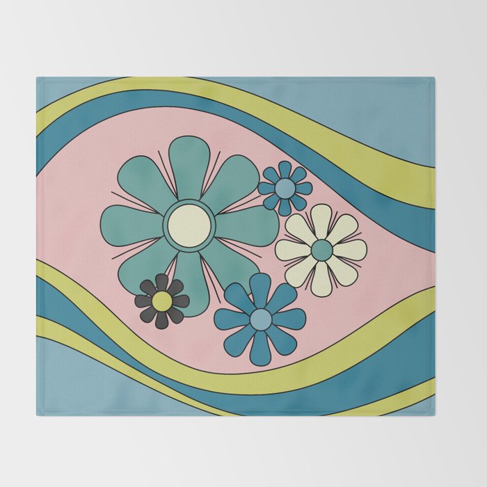 Groovy Floral Daydream Retro 60s 70s Flowers Blue Pink Chartreuse Throw Blanket Gallery Image 2