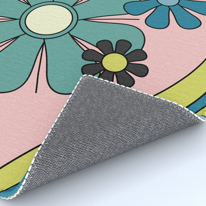 Groovy Floral Daydream Retro 60s 70s Flowers Blue Pink Chartreuse Rug Gallery Image 4