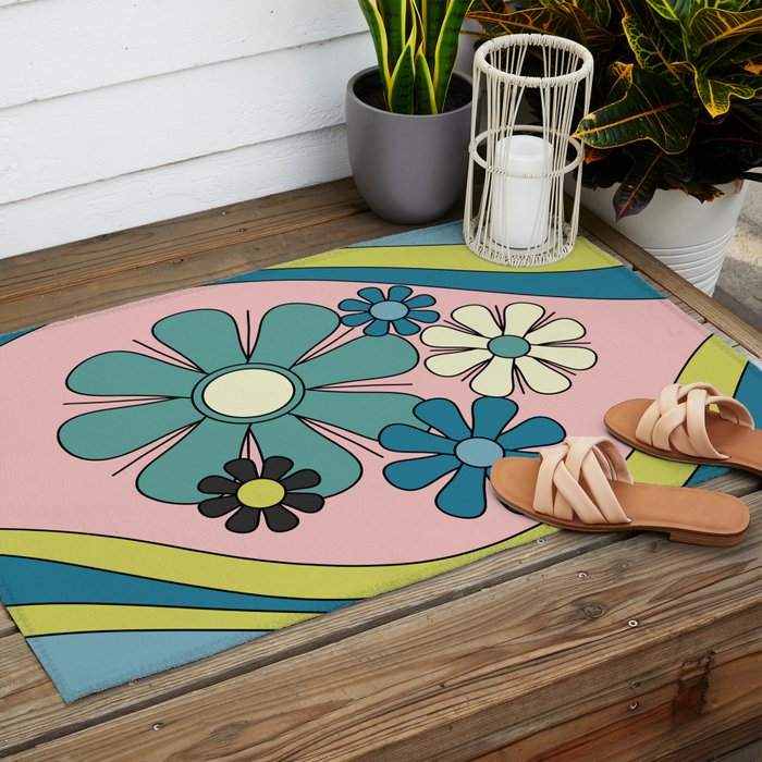 Groovy Floral Daydream Retro 60s 70s Flowers Blue Pink Chartreuse Outdoor Rug Gallery Image 2