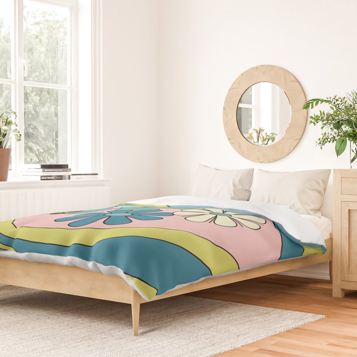 Groovy Floral Daydream Retro 60s 70s Flowers Blue Pink Chartreuse Duvet Cover Gallery Image 2