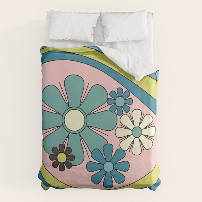 Groovy Floral Daydream Retro 60s 70s Flowers Blue Pink Chartreuse Duvet Cover Gallery Image 1