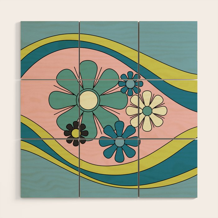 Groovy Floral Daydream Retro 60s 70s Flowers Blue Pink Chartreuse Wood Wall Art Gallery Image 1