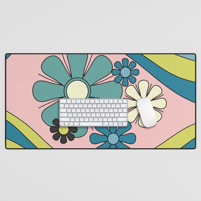 Groovy Floral Daydream Retro 60s 70s Flowers Blue Pink Chartreuse Desk Mat Gallery Image 1