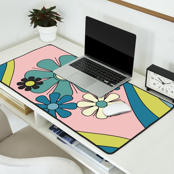 Groovy Floral Daydream Retro 60s 70s Flowers Blue Pink Chartreuse Desk Mat Gallery Image 2