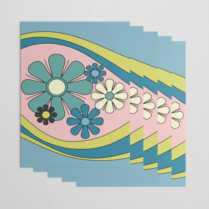 Groovy Floral Daydream Retro 60s 70s Flowers Blue Pink Chartreuse Wrapping Paper Gallery Image 3