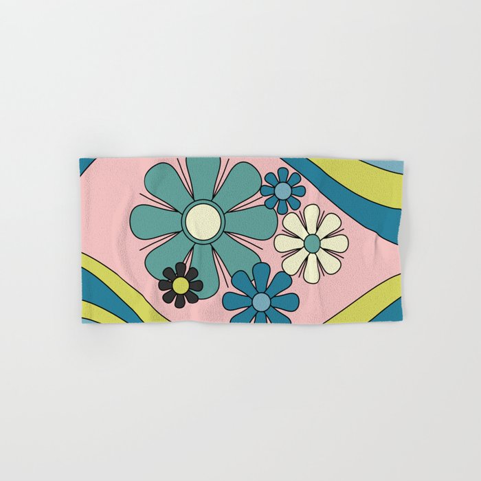 Groovy Floral Daydream Retro 60s 70s Flowers Blue Pink Chartreuse Bath Towel Gallery Image 1